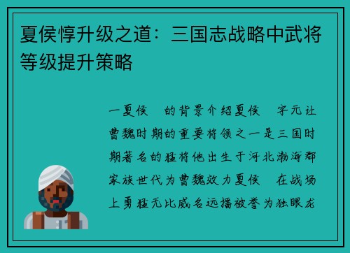 夏侯惇升级之道：三国志战略中武将等级提升策略